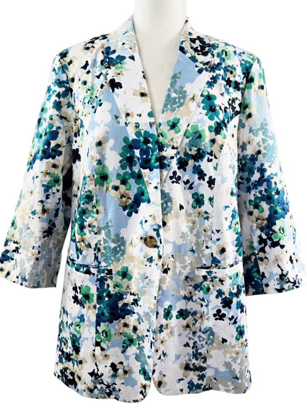 Coldwater Creek White Blue Floral One Button Blazer Romantic Bloomcore Artsy